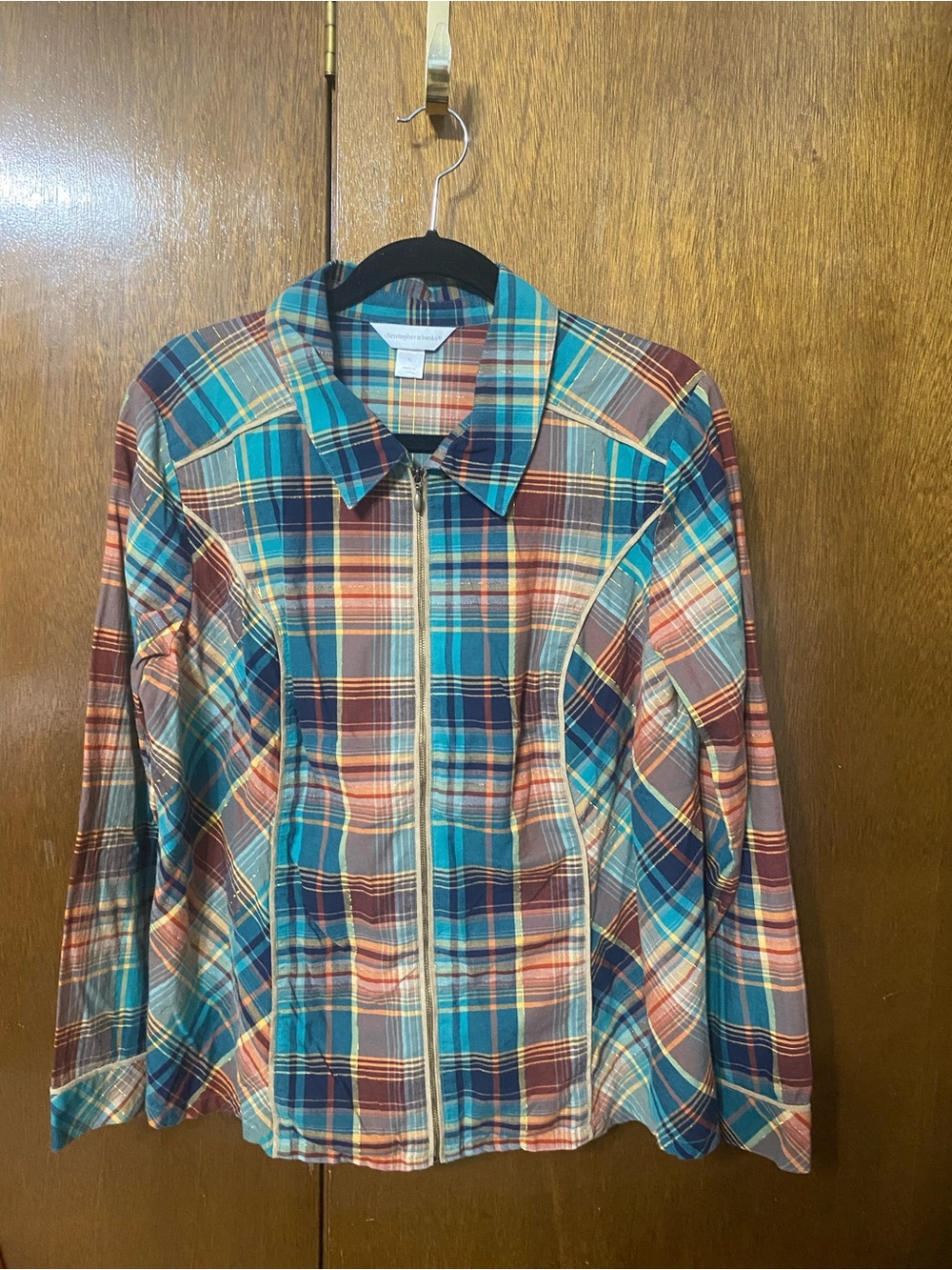 Women’s Plaid Zip-Front Shirt Jacket - Teal & Rust Size XL